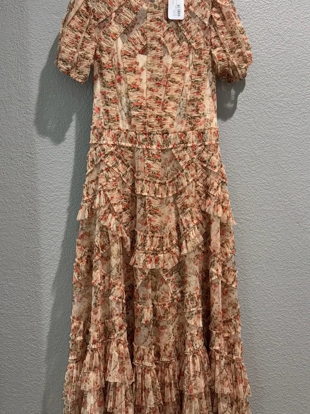 Mac Duggal Pink and Cream Floral Ruffle Tiered Maxi Dress - Picture 2 of 3